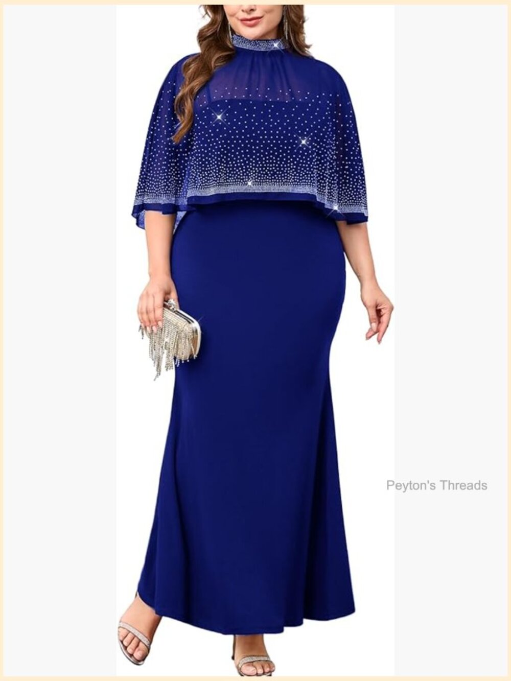 Plus Size Formal Evening Dress Sparkly Mesh Cape Overlay Mock Neck Mermaid Maxi